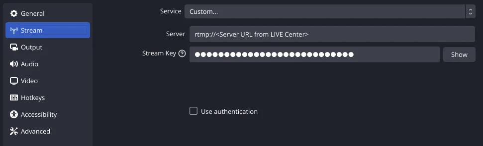 OBS Studio settings, Stream tab: Custom service, Server and Stream Key fields