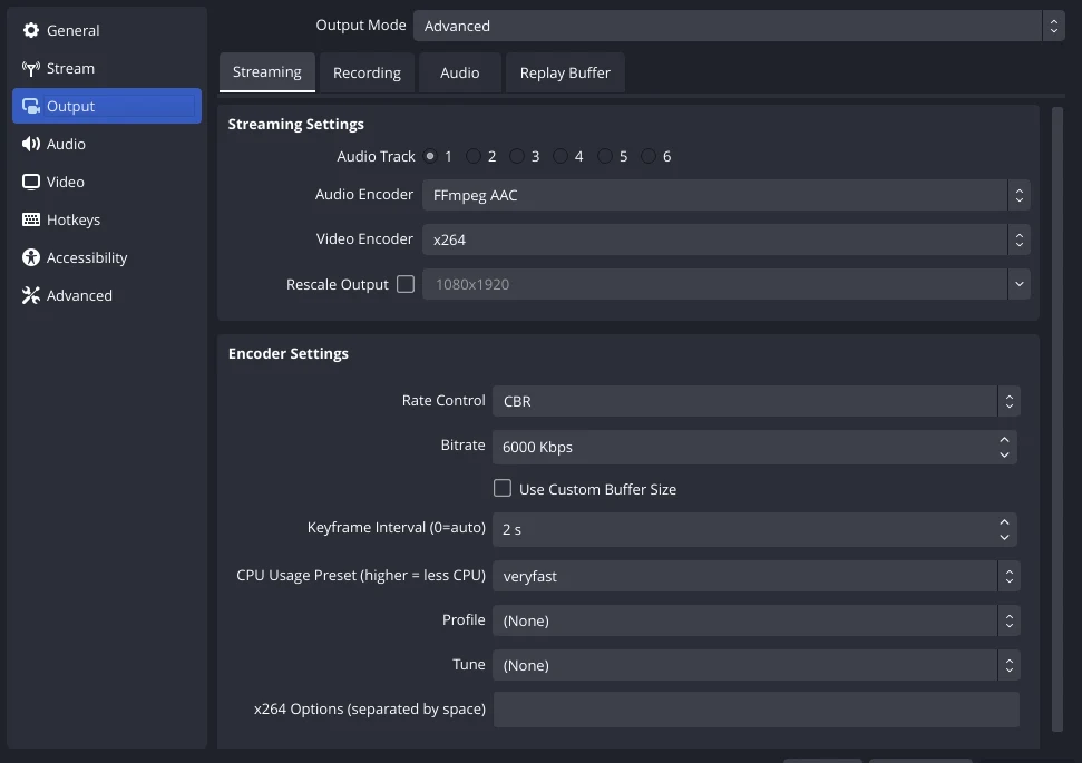OBS Studio output settings: Advanced mode, CBR, 6000 Kbps bitrate, 2 s keyframe interval