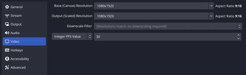 OBS Studio video settings: 1080×1920 resolution, 9:16 aspect ratio, 30 FPS