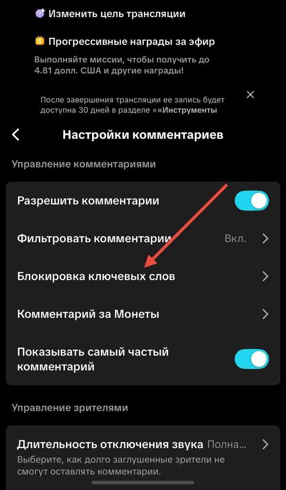 The Keyword filter section in TikTok LIVE comment settings