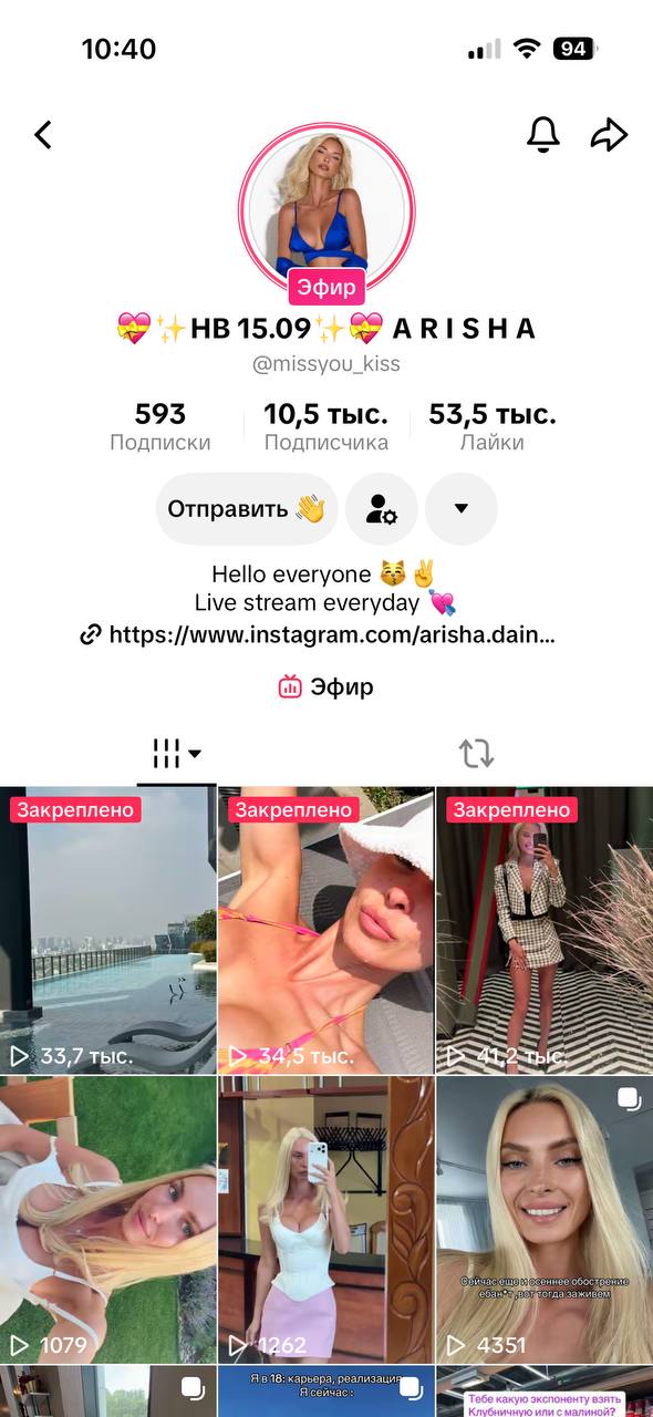 Example of a well-designed TikTok streamer profile with pinned videos and an Instagram link